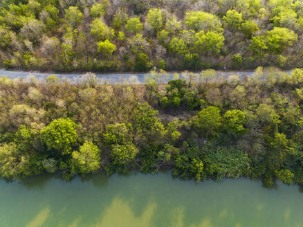 Aerial view of river, road and small forest, Nakhon Luang, Ayutthaya, Thailand. - AAEF22901