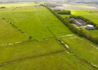 Aerial view of meadows and farms, Holthe, Beilen, Drenthe, Netherlands. - AAEF22902