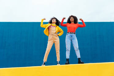 Young happy women posing on colored blue and yellow colored walls. Teenagers girl spending time together after school - DMDF05163