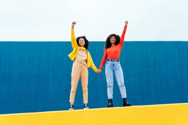 Young happy women posing on colored blue and yellow colored walls. Teenagers girl spending time together after school - DMDF05165