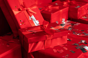 Close-up Chrismas red gifts with ribbon - DMDF05277