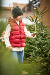 Calm stylish little kid in trendy puffer vest and hat touching coniferous trees growing in backyard during Christmas holidays in countryside - ADSF47306