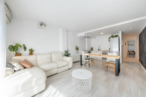 Contemporary interior of spacious studio apartment with comfortable furniture designed in minimal style - ADSF47317