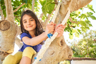 From below of cheerful child in casual clothes having fun while playing on tree branch and holding on to rope swing in park on sunny summer day - ADSF47347