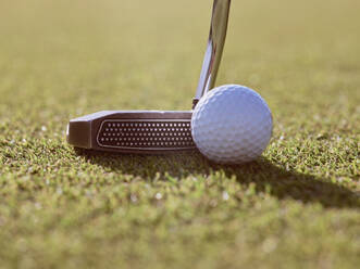 Ground level of metal black golf club placed near white uneven golf ball on green grassy field in sunny day - ADSF47445