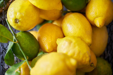 From above to bottom of a basket of yellow and green lemons placed on top of each other - ADSF47490