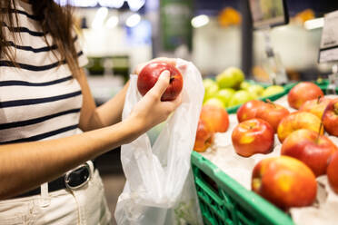 Crop anonymous female customer in casual clothes choosing fresh apples and putting in plastic bag at local market - ADSF47559