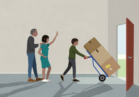 Parents waving goodbye to college son moving boxes - FSIF06576