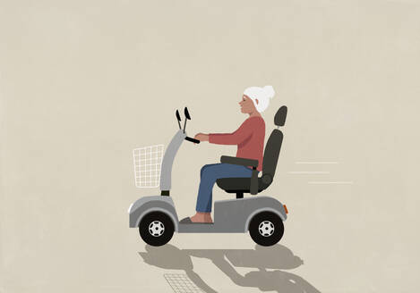 Senior woman speeding, on the move in motorized wheelchair - FSIF06578