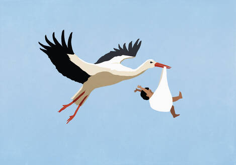 White Stork delivering baby boy, flying in blue sky - FSIF06580