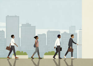 Business people walking in a row along city buildings - FSIF06583