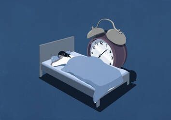 Large alarm clock next to woman sleeping in bed - FSIF06591