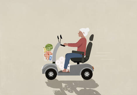 Senior woman in motorized wheelchair grocery shopping - FSIF06605