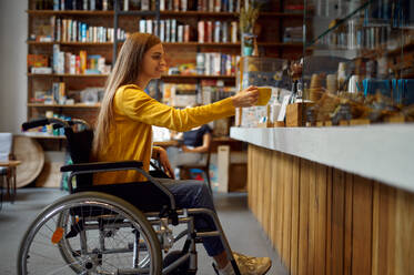 Behinderte Studentin im Rollstuhl im Café, Behinderung, Bücherregal und Universitätsbibliothek Interieur auf dem Hintergrund. Behinderte Frau in der Schule, gelähmte Menschen erhalten Wissen. Behinderte Studentin im Rollstuhl im Cafe - INGF12164