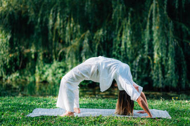 Yoga woman practicing outdoors, doing a bridge pose, green natural background. Yoga Woman Doing Bridge Pose, Natural Green Background - INGF12175