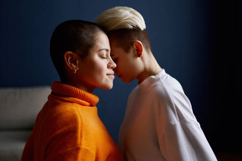 Romantic young lesbian girlfriend side view closeup sensual portrait. Lgbt relationship, self-acceptance and female rights concept. Romantic young lesbian girlfriend side view closeup sensual portrait - INGF12240