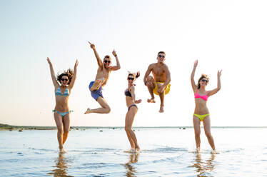 Friendship, sea, summer vacation, holidays and people concept - group of smiling friends wearing swimwear and sunglasses talking on beach - INGF12255