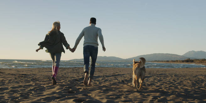 Couple Running On The Beach Holding Their Hands with dog On autmun day - INGF12267