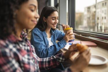 Smiley female friends having lunch together - INGF12375