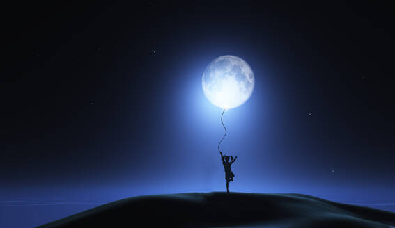 3D render of a surreal image with girl holding moon as a balloon - INGF12757