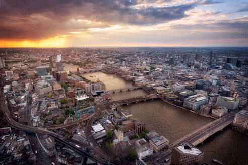 Aerial view of London skyline at sunset, United Kingdom .. Aerial view of London skyline at sunset, United Kingdom. - INGF12841