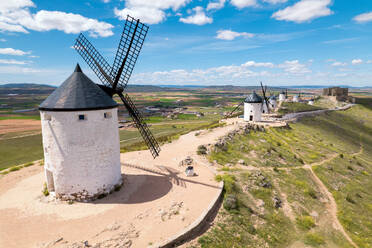 Aerial view of Don Quixote windmills in Consuegra, Toledo, Spain. High quality photography. . Aerial view of Don Quixote windmills in Consuegra, Toledo, Spain. High quality photography - INGF12850