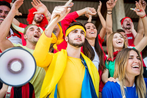 Fußballfans im Stadion - Fußballfans haben Spaß und sehen sich ein Fußballspiel an - DMDF05503