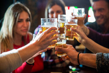 Eine Gruppe fröhlicher Freunde feiert in einer Bar - Junge Leute trinken Bier - DMDF05528