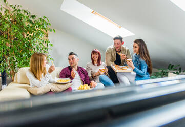 Group of happy friends bonding at home - Young adults having party and doing various activities - DMDF05546