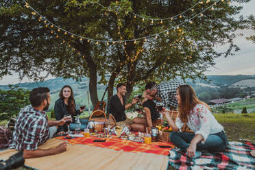 Group of young happy friends having pic-nic outdoors - People having fun and celebrating while grilling ata barbacue party in a countryside - DMDF05661