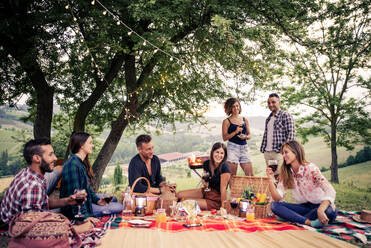 Group of young happy friends having pic-nic outdoors - People having fun and celebrating while grilling ata barbacue party in a countryside - DMDF05668