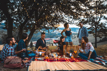 Group of young happy friends having pic-nic outdoors - People having fun and celebrating while grilling ata barbacue party in a countryside - DMDF05670