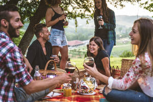 Group of young happy friends having pic-nic outdoors - People having fun and celebrating while grilling ata barbacue party in a countryside - DMDF05675