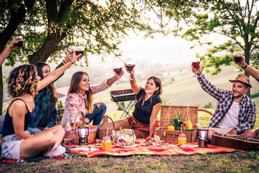 Group of young happy friends having pic-nic outdoors - People having fun and celebrating while grilling ata barbacue party in a countryside - DMDF05684