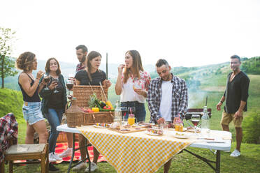 Group of young happy friends having pic-nic outdoors - People having fun and celebrating while grilling ata barbacue party in a countryside - DMDF05699