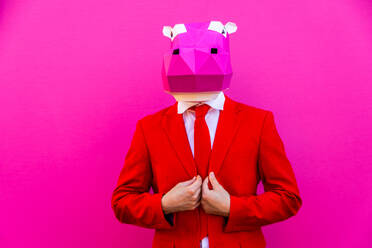 Cooler Mann trägt 3d Origami-Maske mit stilvollen farbigen Kleidung - Kreatives Konzept für die Werbung, Tierkopf Maske tun lustige Dinge auf bunten Hintergrund - DMDF05733