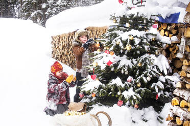 Geschwister schmücken den Weihnachtsbaum in der Nähe von Brennholz - HHF05943