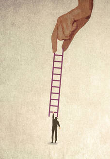 Illustration of oversized hand passing ladder to man - GWAF00318