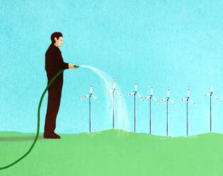 Illustration eines Mannes, der Windkraftanlagen bewässert - GWAF00320