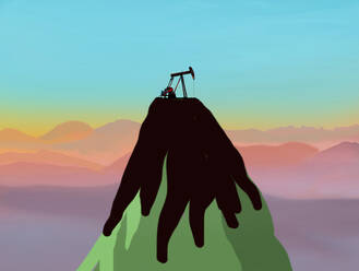 Illustration einer Ölpumpe, die Öl über den gesamten Berggipfel verteilt - GWAF00321