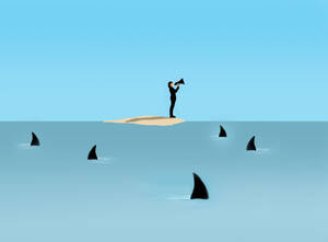Illustration eines Schiffbrüchigen, der auf einer einsamen Insel, umgeben von Haien, durch ein Megaphon schreit - GWAF00323