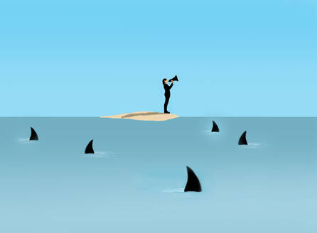 Illustration of castaway shouting through megaphone on desert island surrounded by sharks - GWAF00323