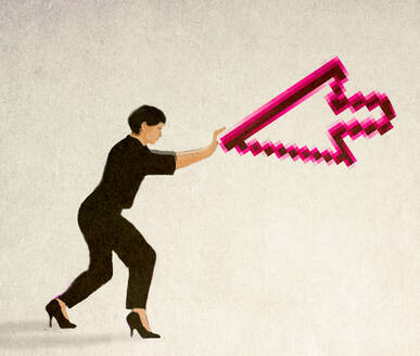 Illustration of woman pushing against oversized computer cursor - GWAF00325