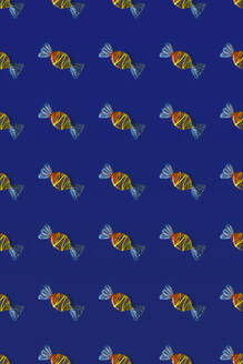 Draufsicht auf ein Muster aus ganzen süßen Kristallbonbons, die auf blauem Hintergrund angeordnet sind - ADSF47945