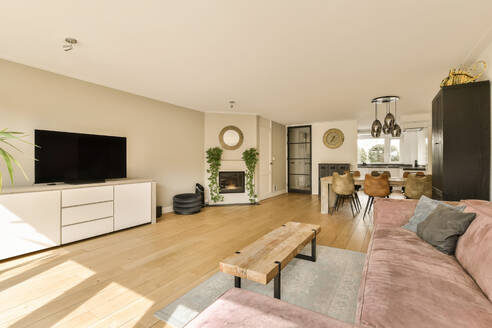 Interior of modern spacious living room with comfortable sofa and television against dining room in open plan house - ADSF47962