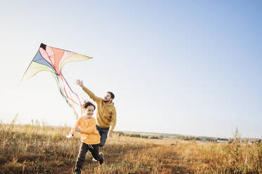 Happy father and son flying kite in field - ANAF02160