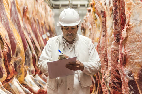 Metzger mit Schutzhelm bei der Inventur inmitten von Fleisch im Schlachthof - PBTF00319