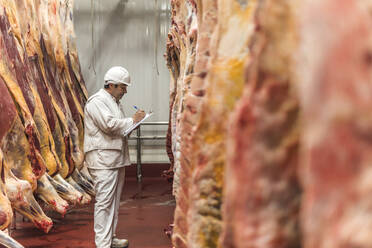 Metzger sortiert und inventarisiert Fleisch im Schlachthof - PBTF00320