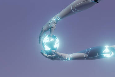 Three dimensional render of robotic arms holding glowing planet Earth - GCAF00404