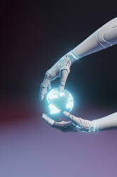 Three dimensional render of robotic arms holding glowing planet Earth - GCAF00405